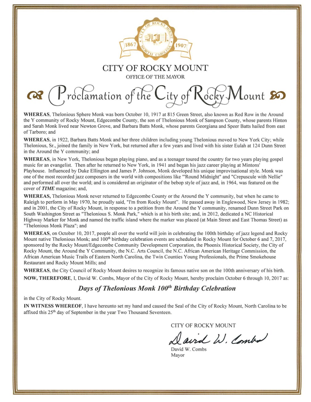 Thelonious Monk Proclamation